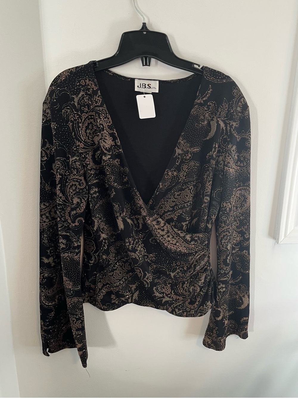 J.B.S. Black and Sparkling Gold Paisley Wrap-Style Long Sleeve Top - L
